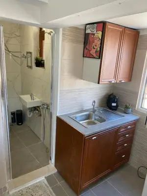 a small bathroom with a sink and a shower at Mosaics easystay Penthouse 360'view in Athens