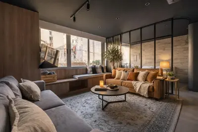 a living room with a couch and a table at Acropolis Industrial Loft in Athens