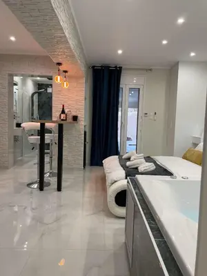 a living room with a bed and a bath tub at Bubble & Relax- Private Jacuzzi Near Acropolis- Fix Metro 180m in Athens