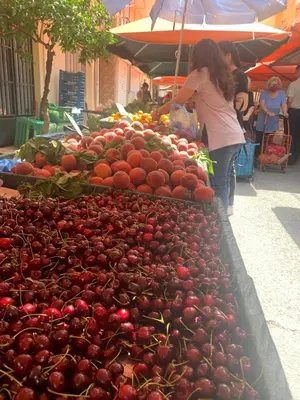 a woman standing in front of a display of tomatoes at a market at ARIS Petralona in Athens