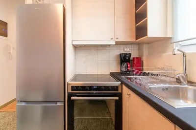 a kitchen with a stainless steel refrigerator and a sink at Stylish 2-Bedroom Apartment with Big Terrace in Athens in Athens