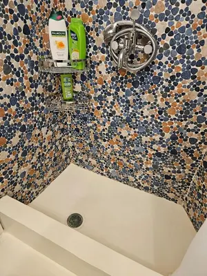 a bathroom with a shower with a tile wall at Evangelia2 The 