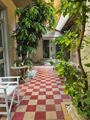 a room with a checkered floor and trees at Evangelia2 The 