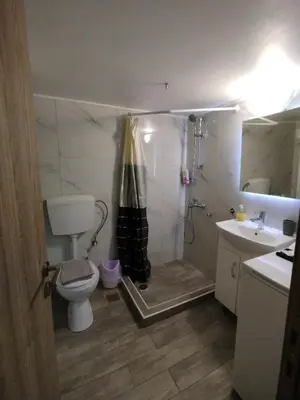 a bathroom with a shower and a toilet and a sink at Michali's Sepolia Agios Meletis Apartment in Athens