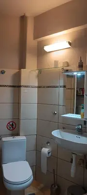 a bathroom with a toilet and a sink at Spiros cozy place in Saronida