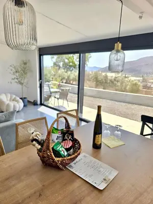 a basket on a table with a bottle of wine at Aquarius Luxury Suites in Ólimbos