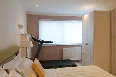 a bedroom with a bed and a window and a treadmill at Acropolis Luxury Apartment in Athens