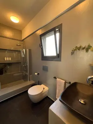 a bathroom with a toilet and a sink and a window at Acropolis Cityscape Loft in Athens