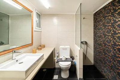a bathroom with a toilet and a sink and a shower at The Faliro Oasis in Athens