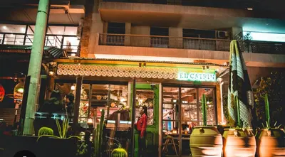 a person standing outside of a restaurant at night at AIOLOS Rooftop suite centre GLYFADA in Athens