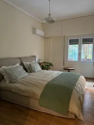 a bedroom with a large bed with a green blanket at Cozy apartment National Museum in Athens