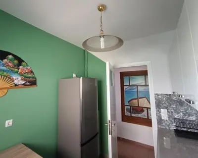 a kitchen with a refrigerator in a green wall at Aneto Edem in Athens