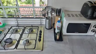 a kitchen counter with a stove and a microwave at Vacation Villa 5 bedrooms in Paianía