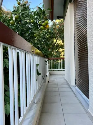 a balcony with an orange tree on a fence at Cozy apt near the Acropolis in Athens