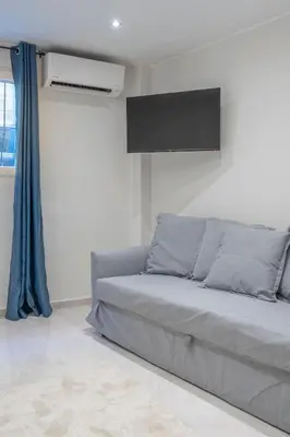 a couch in a living room with a television at Modern apt at Thisio next to the metro station in Athens