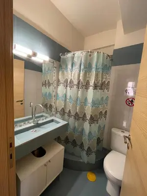 a bathroom with a sink and a toilet and a shower curtain at Argithea View in Papangeláki