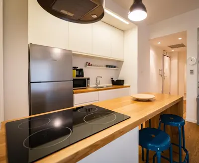 a kitchen with a stainless steel refrigerator and wooden counter top at Parkside Kolonaki in Athens