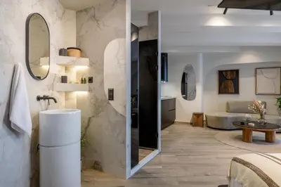 a bathroom with a shower and a sink at Urban Serenity Suite in Athens in Athens