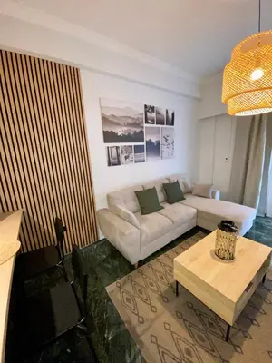 a living room with a couch and a table at New Delightful Apartment in Athens