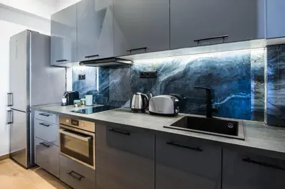 a kitchen with stainless steel appliances and a sink at Elegant, Spacious and hitech apt at Koukaki in Athens