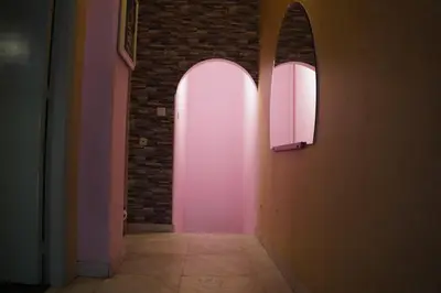 a hallway with a pink door and a brick wall at \u7ef4\u591a\u5229\u4e9a\u516c\u5bd3 in Athens