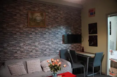 a living room with a couch and a brick wall at \u7ef4\u591a\u5229\u4e9a\u516c\u5bd3 in Athens