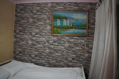 a painting on a brick wall next to a bed at \u7ef4\u591a\u5229\u4e9a\u516c\u5bd3 in Athens