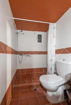 a bathroom with a toilet and a shower at Cozy 1BD apt next to Kallimarmaro Stadium in Athens