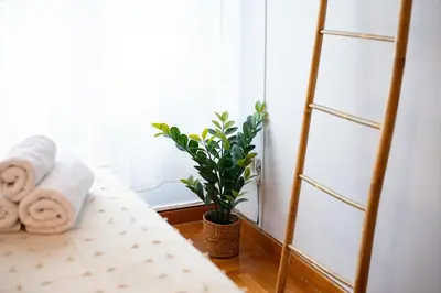 a room with towels and a plant and a window at Urban Exarchia for Groups , Nightlife Area in Athens