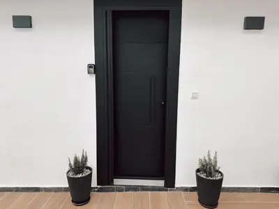 a black door on a white building with two potted plants at Elysian Sunrise Retreat with pool in Porto Rafti