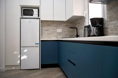 a kitchen with a refrigerator and a microwave at Seaside Golden Horizon VIPGreece in Athens