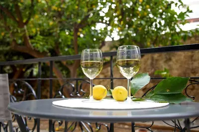 two glasses of white wine and lemons on a table at Seaside Golden Horizon VIPGreece in Athens