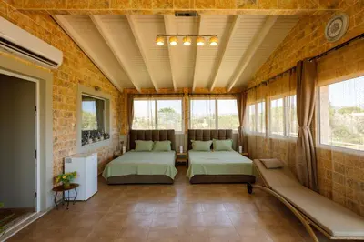 a room with two beds and a couch and windows at Villa Vegera in Anavissos