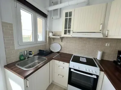 a small kitchen with a sink and a stove at The Katehaki Comfort Hub in Athens