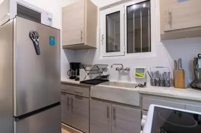 a kitchen with a stainless steel refrigerator and a sink at Prime and Cosy 1bedroom Hop to Acropolis in Athens
