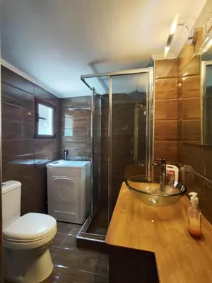 a bathroom with a toilet and a shower and a sink at Thissio Central - Pedestrian path in Athens