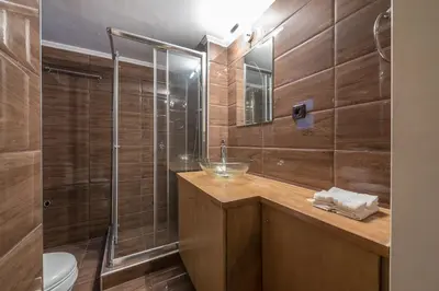 a bathroom with a shower and a sink and a toilet at Thissio Central - Pedestrian path in Athens