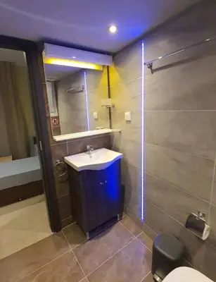 a bathroom with a sink and a shower and a toilet at Έξυπνο όμορφο στούντιο διαμέρισμα στην Αθήνα με αυλή in Athens