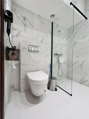 a white bathroom with a toilet and a shower at J seaside cozy APT in Athens