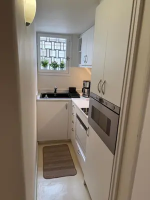 a small white kitchen with a sink and a window at Near Acropolis Sunny Apartment! in Athens