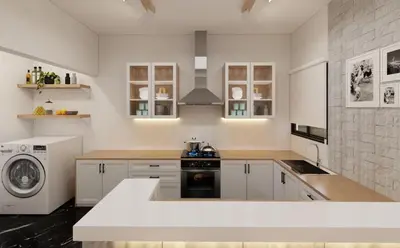 a kitchen with white cabinets and a washer and dryer at The Acropolis Penthouse in Athens