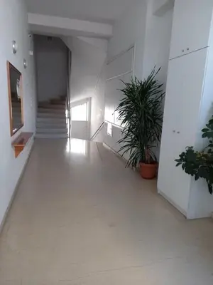 a hallway with stairs and potted plants in a building at C5 3rd floor balcony view 1bdr flat 850m Metro Evangelismos 150m EKPA University Campus 100m Bus Stop to Acropolis in Athens