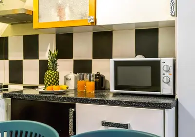 a kitchen counter with a microwave and a plate of fruit at Magic Moments Near The Acropolis in Athens