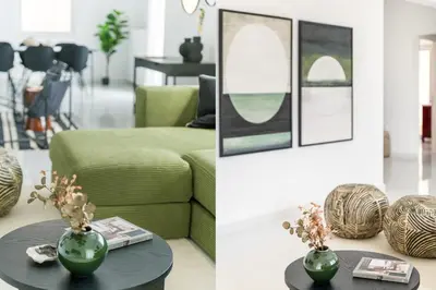 a living room with a green couch and a table at Elevated 2BR Apartment in Chalandri by UPSTREET in Athens