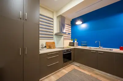 a kitchen with gray cabinets and a blue wall at Mia Homes - National Museum in Athens