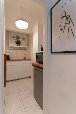 a kitchen with a picture of a spider on the wall at Prime Location Kolonaki Burrow in Athens