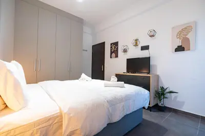 a bedroom with a large bed and a television at Evaggelismos Apt Metro Station 1 bdrm 2pers by MPS in Athens