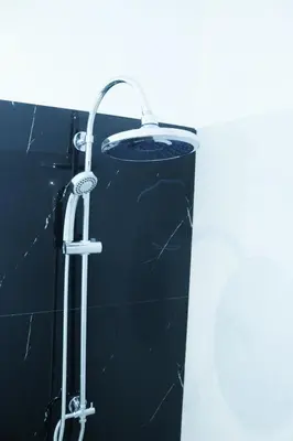 a shower in a bathroom with a black wall at Golemis Apartments in Athens