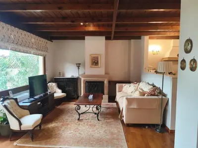 a living room with a couch and a fireplace at Cleo's Garden House in Athens
