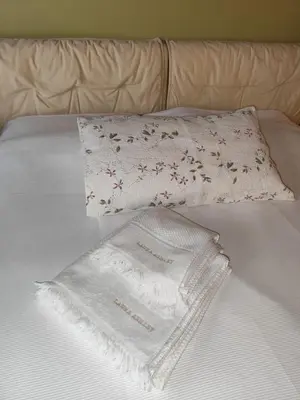 a white blanket and two pillows on a bed at Cleo's Garden House in Athens